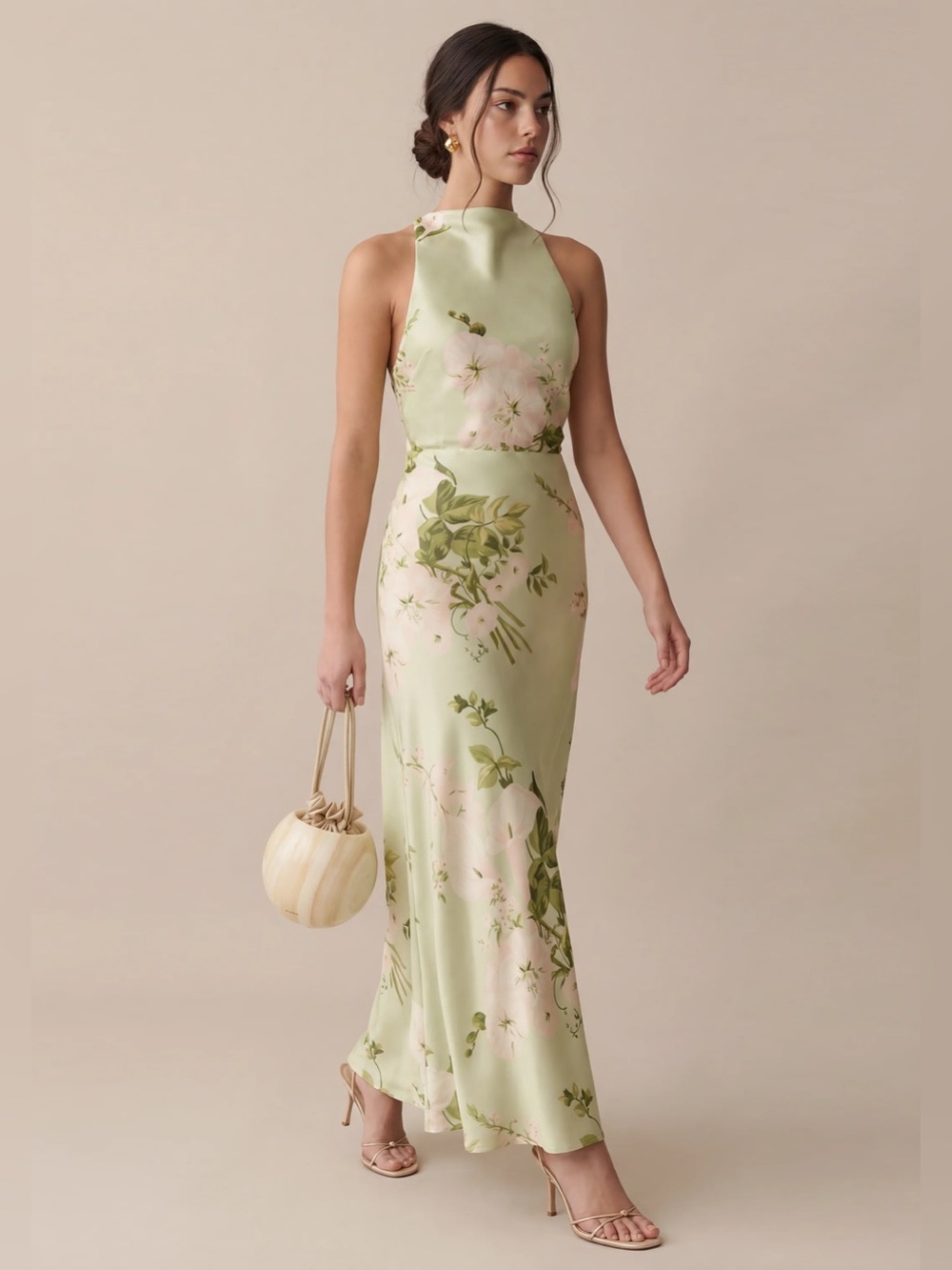 o.p.t Roslyn Silk Dress Halter Floral Satin Maxi Dress in Sage Green size XS.
